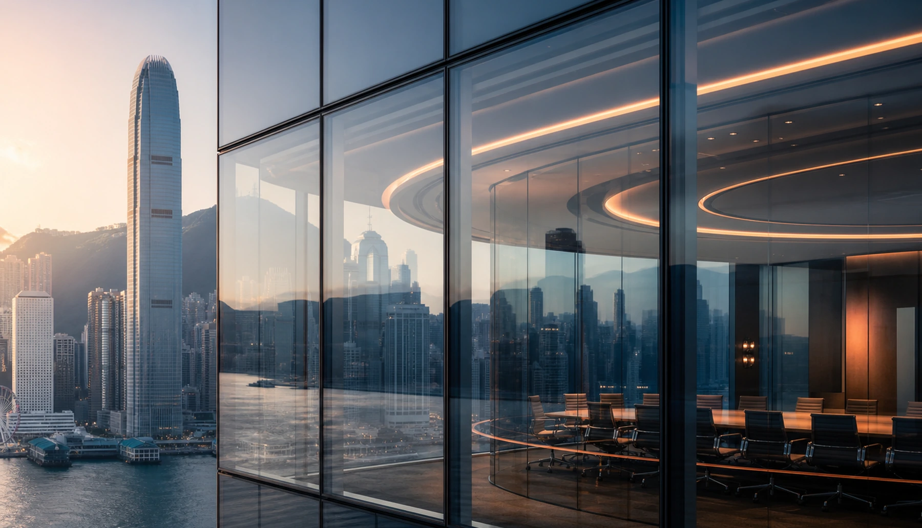 A future-facing Hong Kong law firm meeting room overlooking Victoria Harbour